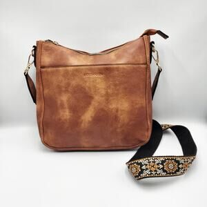 Bostanten Brown Faux Leather Textured Strap Square Shape Messenger Crossbody Bag